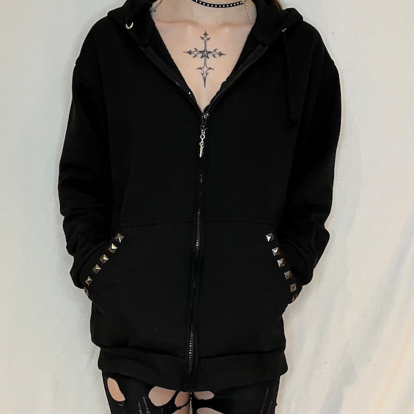 Black Zip Up Studded Hoodie Grunge Zip Cross Pendant