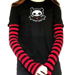 Diego Y2K Bat Graphic Top, Grunge Striped Sleeve Shirt, Goth Emo Long Sleeve Tee, Cute Dark Alt Layered Top, Handmade Deadpretty