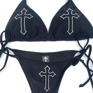 Y2K Goth Bikini Set, Black String Cross Print Bikini, Alt Grunge Triangle Swimwear, Optional Charm Deadpretty image 5