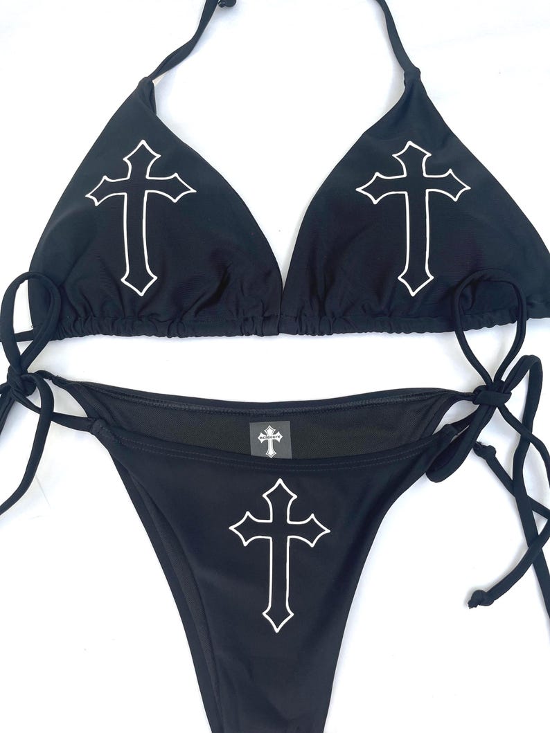 Y2K Goth Bikini Set, Black String Cross Print Bikini, Alt Grunge Triangle Swimwear, Optional Charm Deadpretty image 5
