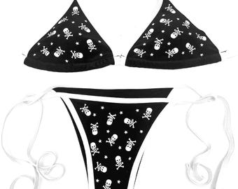 Y2K Skull Bikini Set, Black White Trim Alt Grunge Swimwear, Star Print All Over Bikini, Handmade Deadpretty