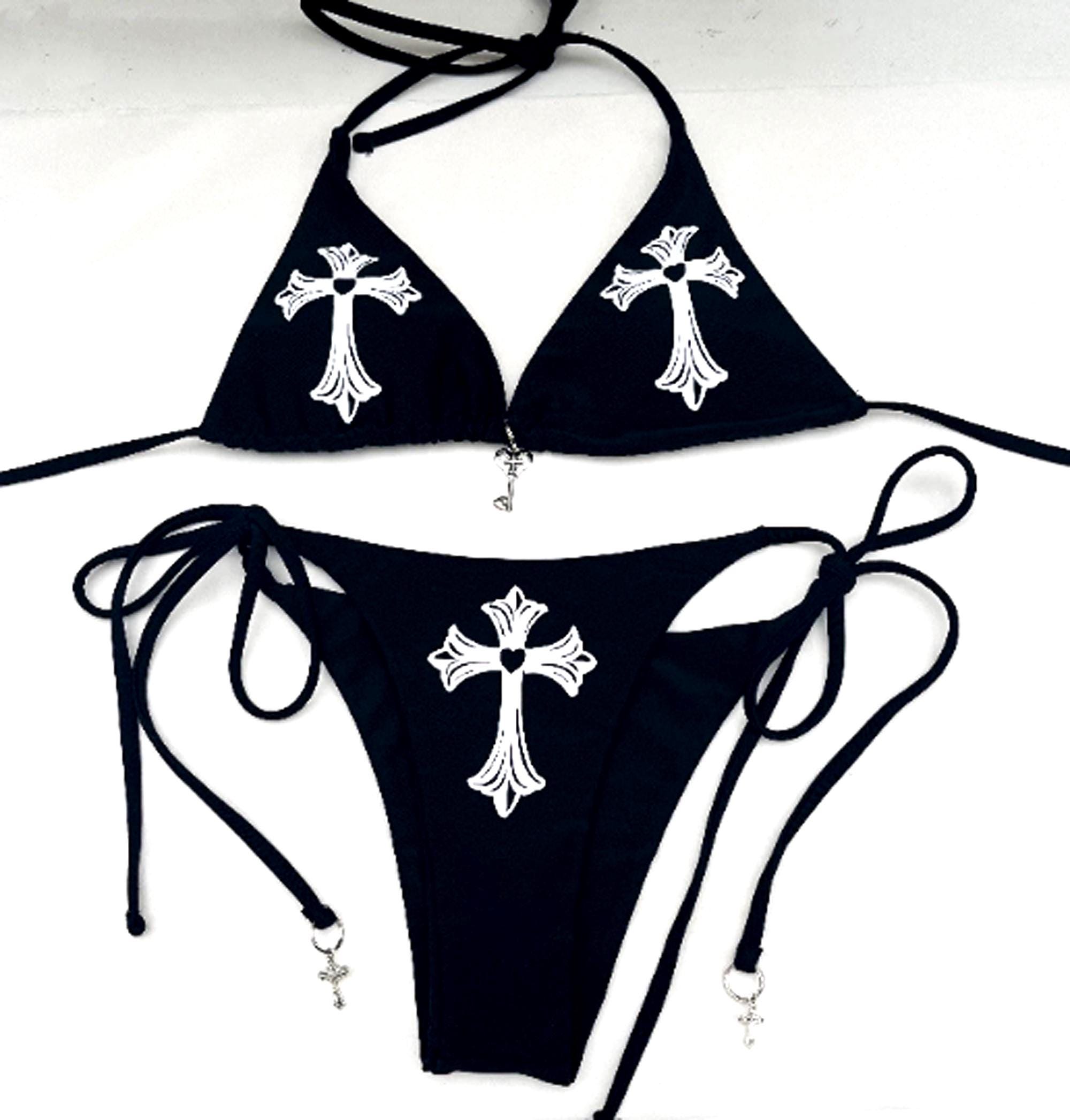 Y2K Rave Bikini Set, Scene Festival Outfit, Black Goth String Bikini,…