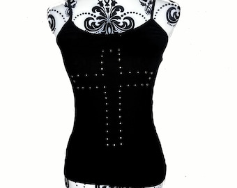 Y2K Studded Cross Cami Vest Top, Grunge Spaghetti Strap Tank, Goth Alt Hand Embellished Top, Handmade Deadpretty