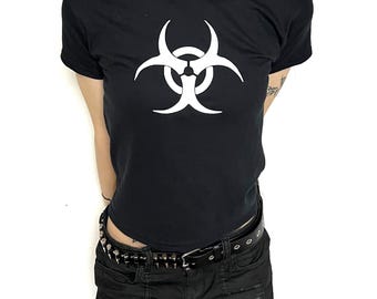 Y2K Biohazard T-Shirt, Cyber Grunge Graphic Tee, Alt Goth Toxic Waste Shirt, Off Shoulder Option, Hand Printed Deadpretty
