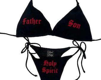 Father Son Holy Spirit Thong Bikini | Gothic Y2K String Bikini | Religious Grunge Swimwear | Alternative Black Bikini | Deadpretty