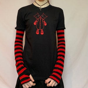 Red n Black Stripe Sleeved Two Headed Button Eyes Monster