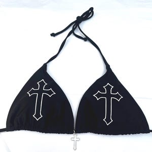 Y2K Goth Bikini Set, Black String Cross Print Bikini, Alt Grunge Triangle Swimwear, Optional Charm Deadpretty image 6