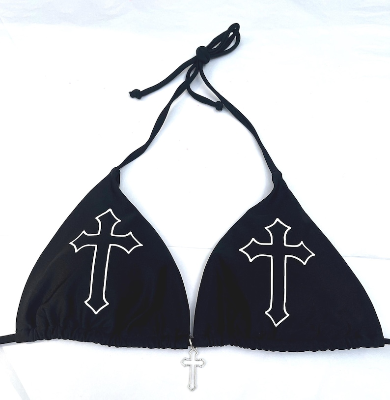 Y2K Goth Bikini Set, Black String Cross Print Bikini, Alt Grunge Triangle Swimwear, Optional Charm Deadpretty image 6
