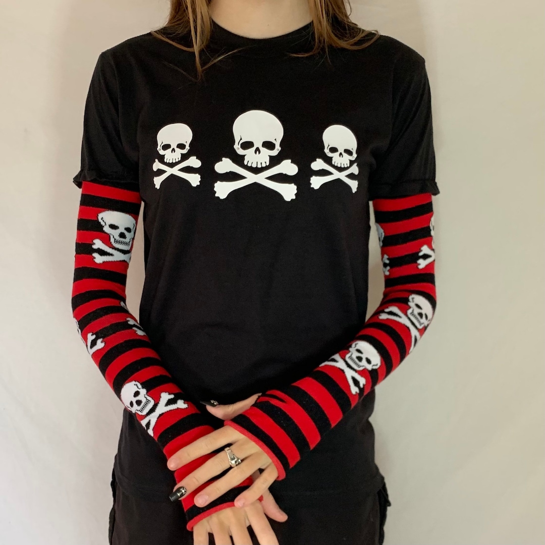 Red & Black Skull Stripe Long Sleeve Top With 3 White Skulls With Rhinestone Embellishments - Etsy Red & Black Skull Stripe Long Sleeve Top With 3 White Skulls With Rhinestone Embellishments - Etsy