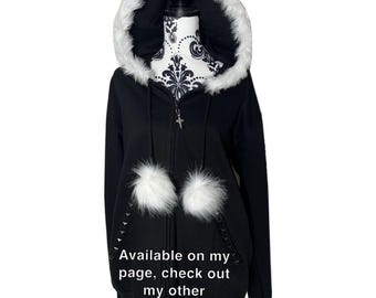 Black Zip up Fur Studded Y2K Hoodie Grunge Zip Cross Pendant Pom