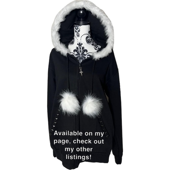 Black Zip up Fur Studded Y2K Hoodie Grunge Zip Cross Pendant Pom