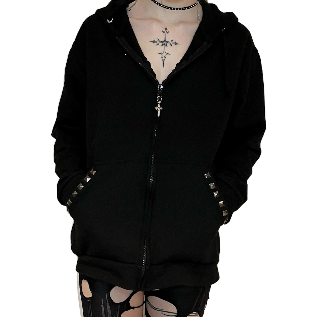Y2K Grunge Studded Hoodie, Goth Zip up Jacket, Black Rivet Alt