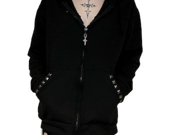 Hand Decorated Y2K Fur Hoodie, Studded Zip up Goth Grunge Jacket