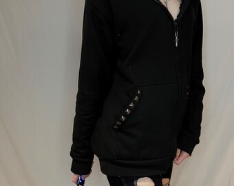 Black Zip up Studded Hoodie Grunge Zip Cross Pendant - Etsy