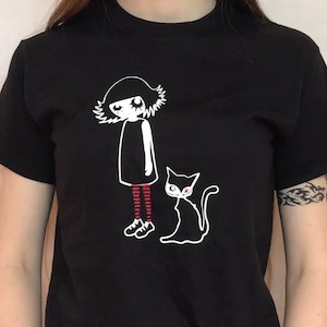 Punky Gothic Girl with Cat Black T-shirt Tee Top