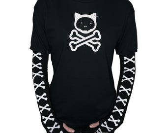 Y2K Skull Cat Top, Grunge gestreiftes Ärmel Shirt, Goth Emo Langarm T-Shirt, süße Dark Alt Grafik, Handmade Deadpretty