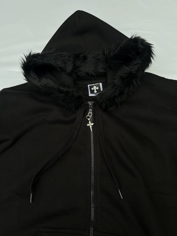 Black Zip up Fur Studded Hoodie Grunge Zip Cross Pendant Pom Black Zip up Fur Studded Hoodie Grunge Zip Cross Pendant Pom