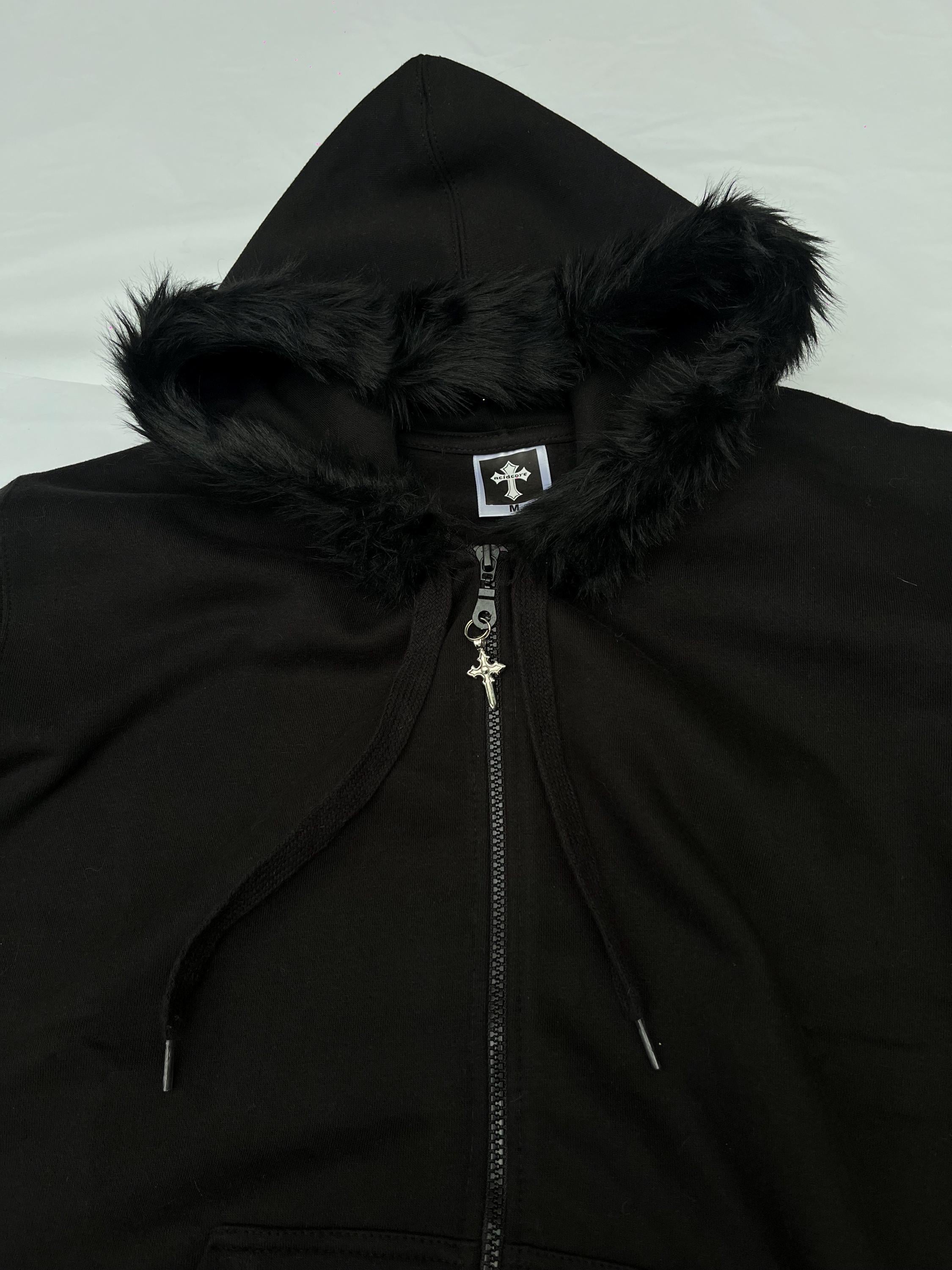 Black Zip up Fur Studded Hoodie Grunge Zip Cross Pendant Pom Black Zip up Fur Studded Hoodie Grunge Zip Cross Pendant Pom