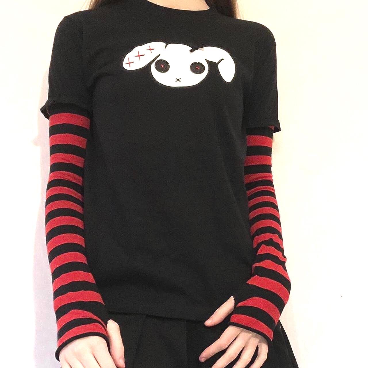 Y2K Button Eye Top, Grunge Striped Sleeve Shirt, Goth Emo Long 