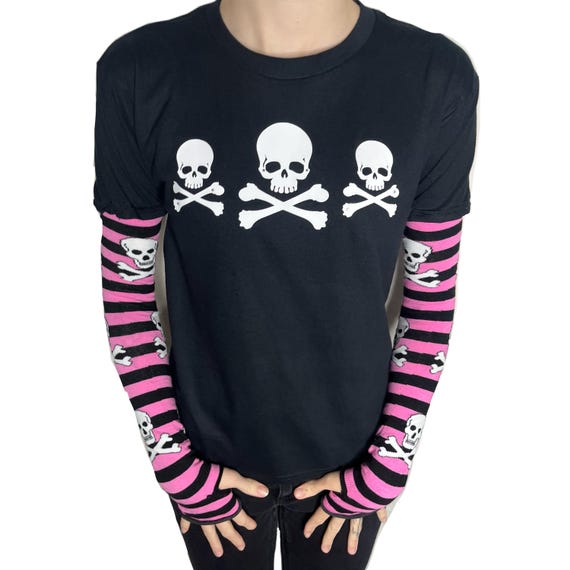 Y2K Rhinestone Skull Top, Grunge Striped Sleeve Shirt, Goth Long 