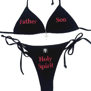 Y2K Vater Sohn Heiliger Geist Bikini, Schwarze Grunge String Bademode, Alt Goth Dreieck Bikini Set, Handgemachte Deadpretty