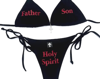 Y2K Father Son Holy Spirit Bikini, Black Grunge String Swimwear, Alt Goth Triangle Bikini Set, Handmade Deadpretty