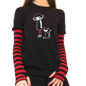 Y2K Cat Girl Top, Goth Striped Sleeve Shirt, Alt Long Sleeve Grunge Tee, Scene Emo Graphic Top, Handmade Deadpretty