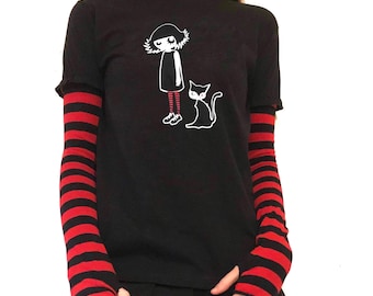 Y2K Cat Girl Top, Goth Striped Sleeve Shirt, Alt Long Sleeve Grunge Tee, Scene Emo Graphic Top, Handmade Deadpretty