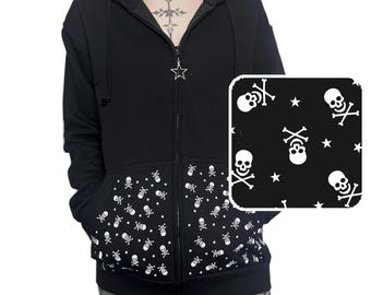 Black Zip up Fur Studded Y2K Hoodie Grunge Zip Cross Pendant Pom
