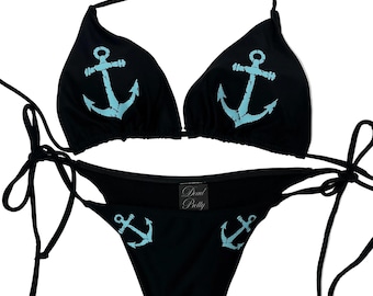 Y2K Black Distressed Aquamarine Anchor String Bikini Set Women's