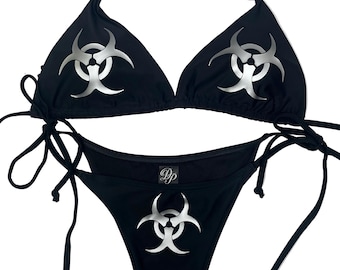 Silver Cyber Biohazard Bikini, Black Grunge String Bikini Set, Alt Goth Triangle Swimwear Handmade Deadpretty