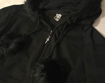 Hand Decorated Y2K Fur Hoodie, Studded Zip up Goth Grunge Jacket Hand Decorated Y2K Fur Hoodie, Studded Zip up Goth Grunge Jacket