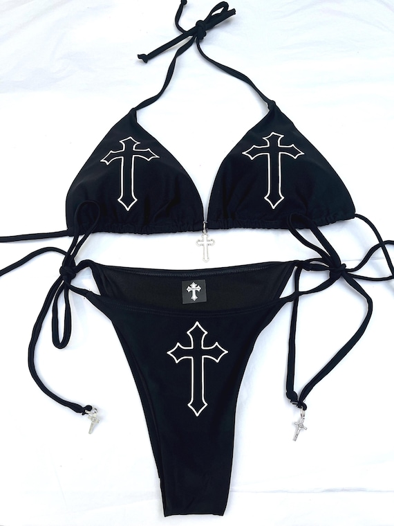 Y2K Goth Bikini Set, Black String Cross Print Bikini, Alt Grunge Triangle Swimwear, Optional Charm Deadpretty