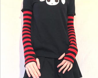 Y2K Button Eye Top, Grunge Striped Sleeve Shirt, Goth Emo Long 