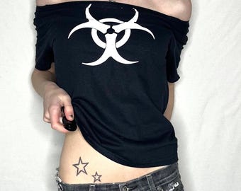 Y2K Off Shoulder Biohazard Top, Grunge Raw Edge Tee, Cyber Alt Distressed Shirt, Hand Cut T-Shirt, Handmade Deadpretty