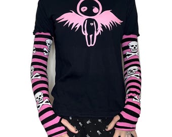 Y2K Broken Heart Angel Top, Grunge Striped Sleeve Shirt, Scene Goth Long Sleeve Tee, Black Pink Alt Layered Top, Handmade Deadpretty