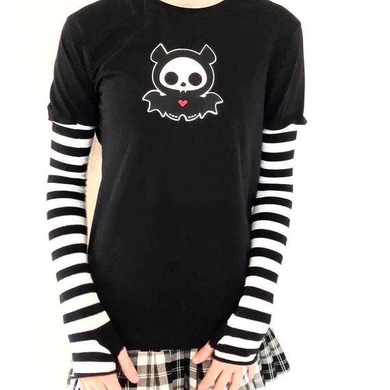 Y2K Striped Sleeve Top, Grunge Layered Long Sleeve Shirt, Scene