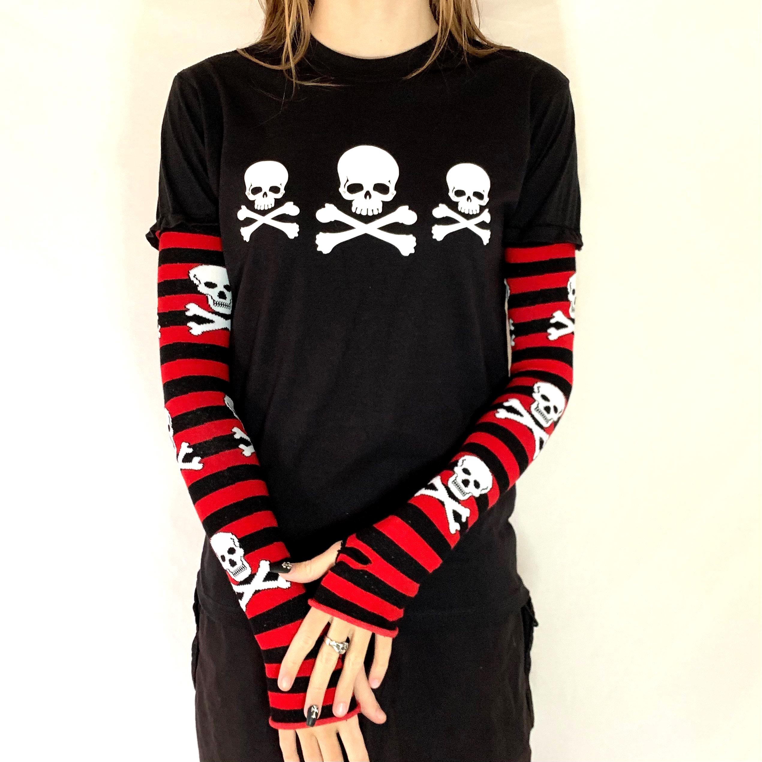 Gothic Red & Black Stripe Long Sleeve Skull Top Rhinestone