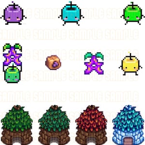 May include: A set of pixel art illustrations featuring various characters and objects, including a purple apple, a blue apple, a green apple, a yellow apple, a purple flower, a brown rock, a green apple with a flower on top, and four different types of houses.
