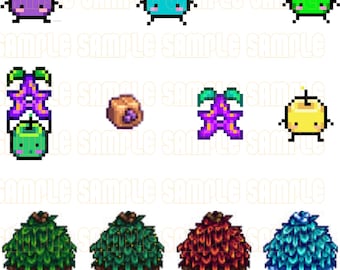 May include: A set of pixel art illustrations featuring various characters and objects, including a purple apple, a blue apple, a green apple, a yellow apple, a purple flower, a brown rock, a green apple with a flower on top, and four different types of houses.