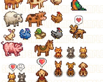 May include: A collection of pixelated farm animals and pets, including goats, cows, chickens, a rooster, sheep, a rabbit, ducks, a pig, a horse, cats, and dogs. Some animals have heart symbols above them.