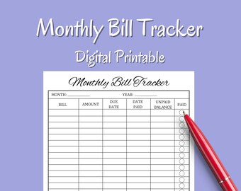 Bill Payment Tracker Printable, Bill Organizer, Monthly Bills Planner, Home Budget Log