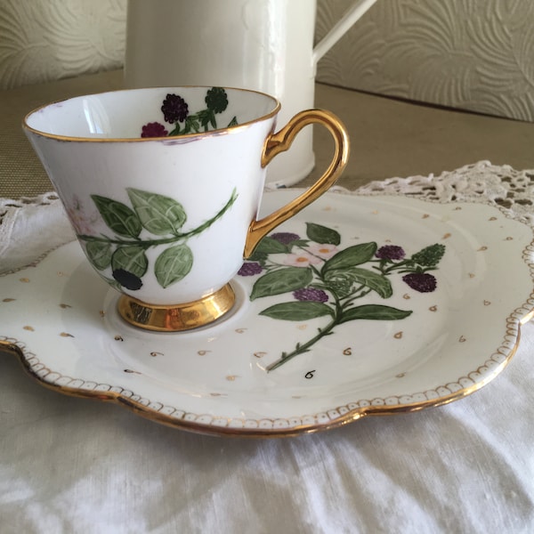 1 rare ensemble de tasses à thé et d'assiettes à biscuits en porcelaine tendre peinte à la main, collection vintage, élégant service pour le thé