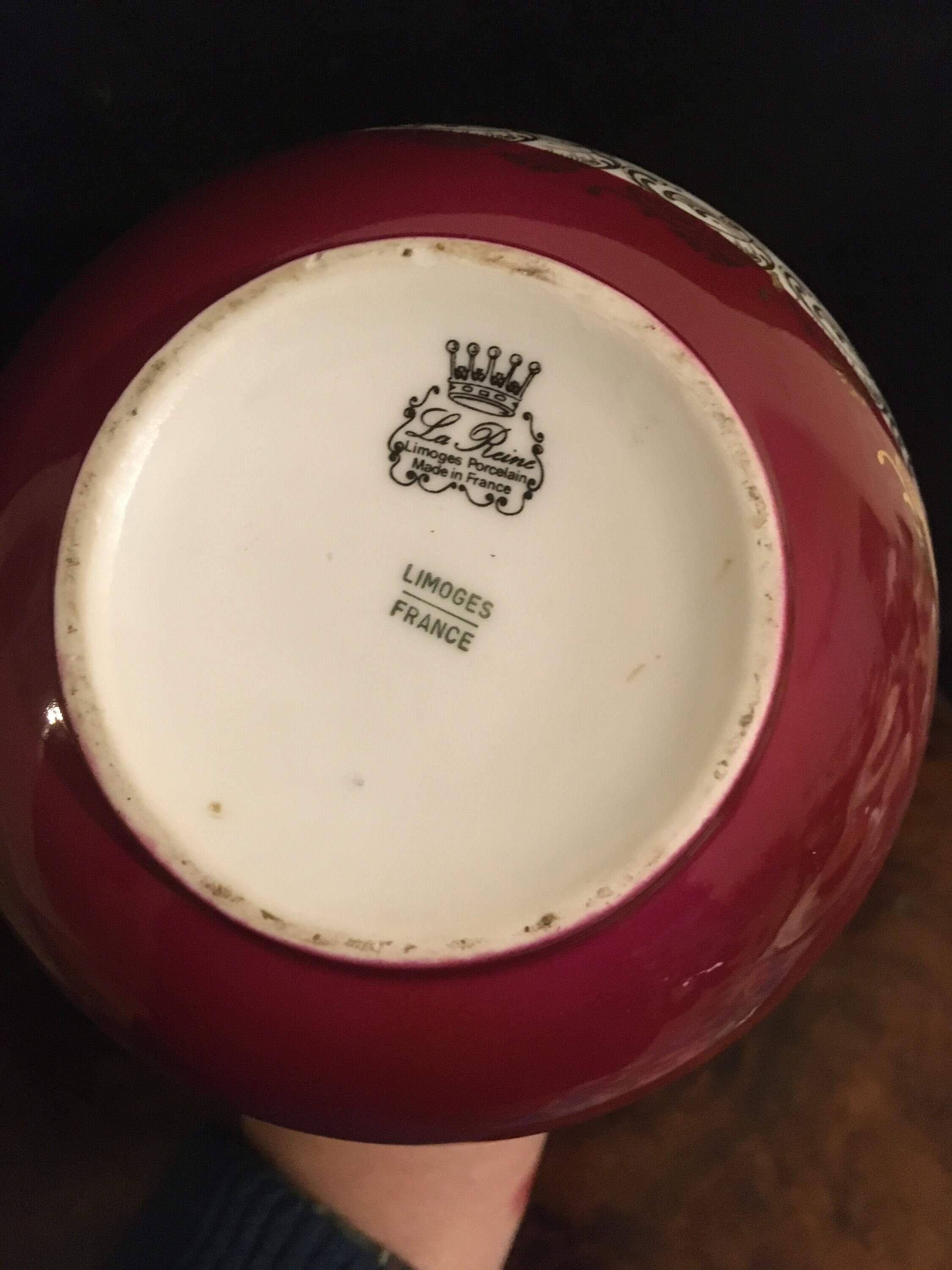 La Reine Limoges Vase, Burgundy , Pink Gold Urn, Fragonard Style Bud