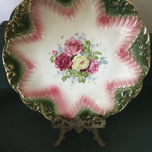 An Antique Serving Plate Austrian 1800&#39;s , Fine China Floral Roses Iris, Collectible Display Kitchen Decor