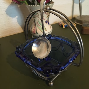 Antique Glass Blue Sugar Bowl, Silver Plated Spoon, Jam Dish Set, Kitchen Decor, Vintage Tableware