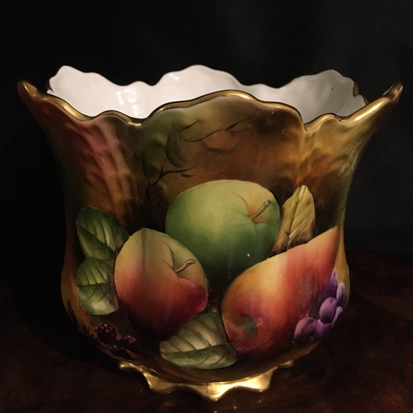 vintage peint à la main, signé par l’artiste J.Mottram, grand vase Brookdale Planter, dans le design doré Orchard marqué, porcelaine osseuse, Angleterre