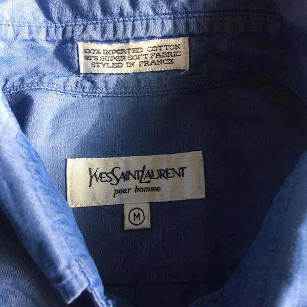Yves Saint Laurent Camicia a maniche corte con taschino Vintage Blue Designer VTG