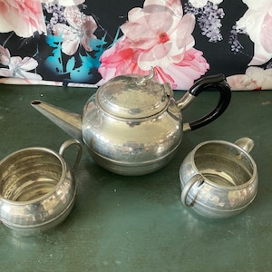 Vintage Pewter Teapot Creamer Sugar Bowl Set 1950s, Retro Tea Serving Set, Mid-Century Kitchen Decor
