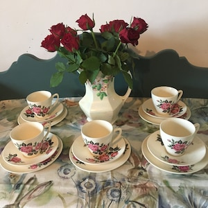 Tea Cup Saucer Set Pink Rose Tea Cup Trio, Vintage 1940&#39;s , Tea Cup Saucer Set, Set of 5